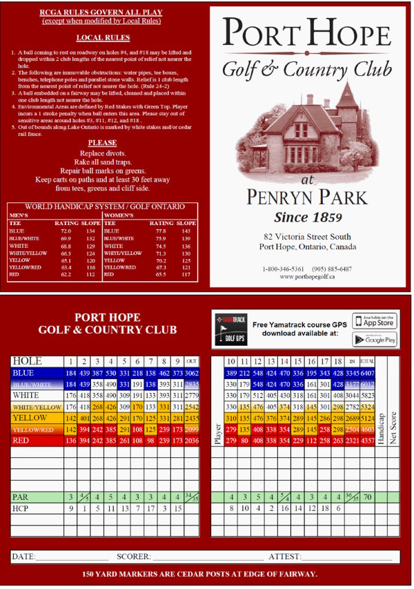 Image of the Port Hope Golf Score Card