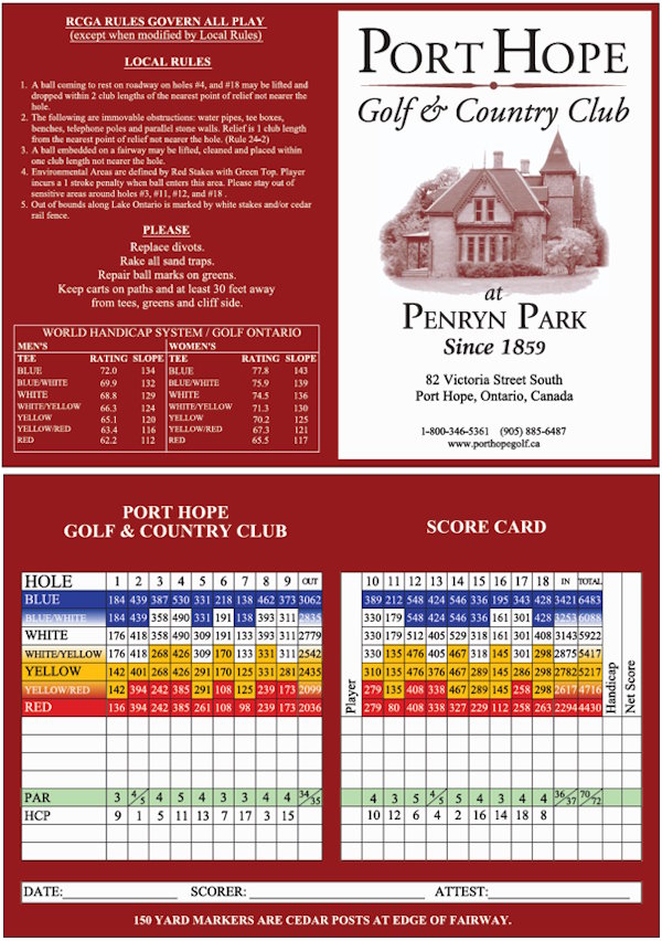 Image of the Port Hope Golf Score Card