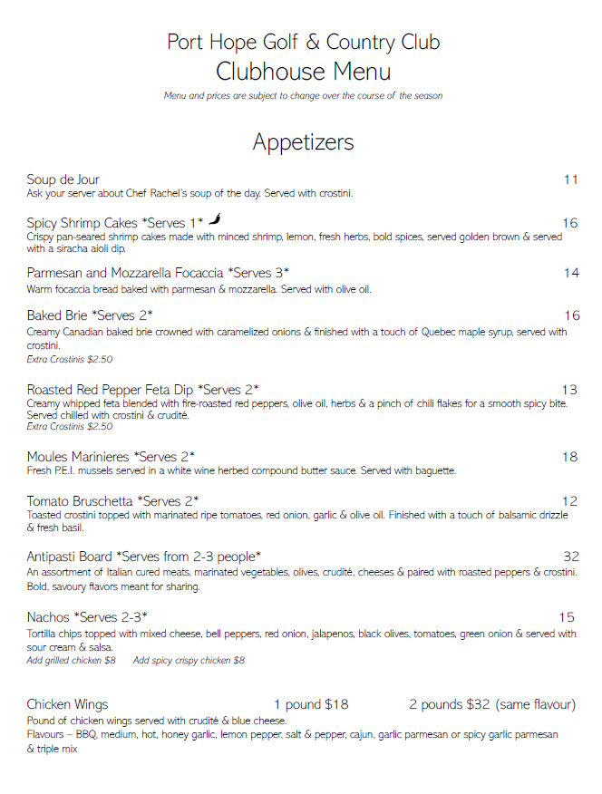 The Port Hope Golf & Country Clubhouse Menu