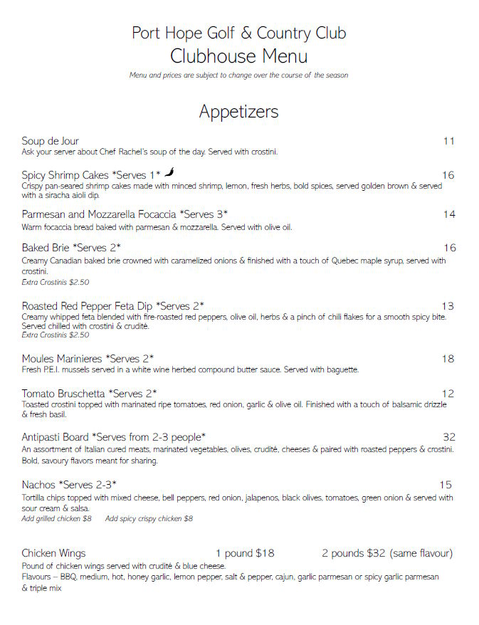 The Port Hope Golf & Country Clubhouse Menu